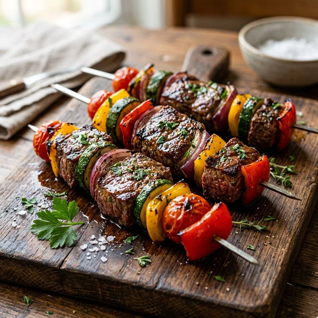 Delicious grilled steak kabobs with colorful vegetables on skewers