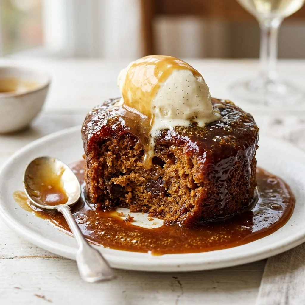 Delicious Sticky Toffee Pudding served with toffee sauce