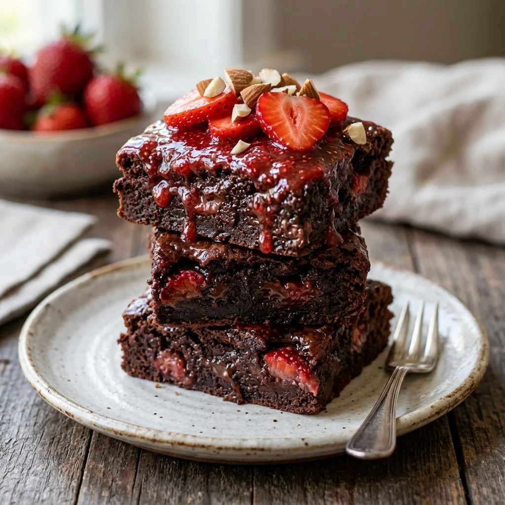 Delicious strawberry brownies topped with fresh strawberries and chocolate drizzle.