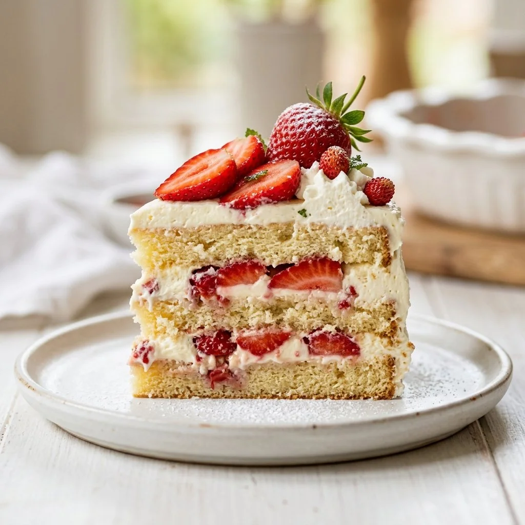 Delicious homemade strawberry cake topped with fresh strawberries and cream