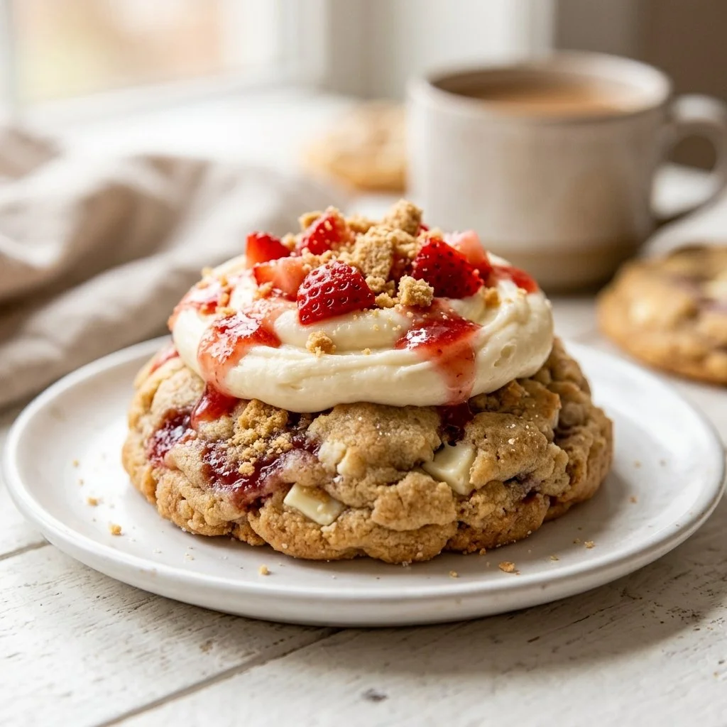 Freshly baked Strawberry Cheesecake Cookies with strawberries and creamy cheesecake flavor