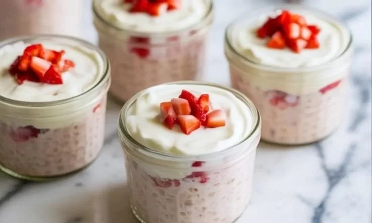 Bowl of strawberry cheesecake overnight oats topped with fresh strawberries