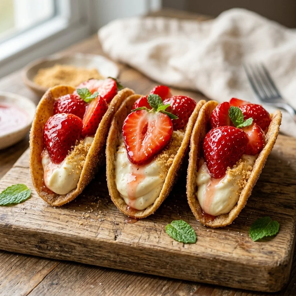 Strawberry cheesecake tacos topped with fresh strawberries and whipped cream.