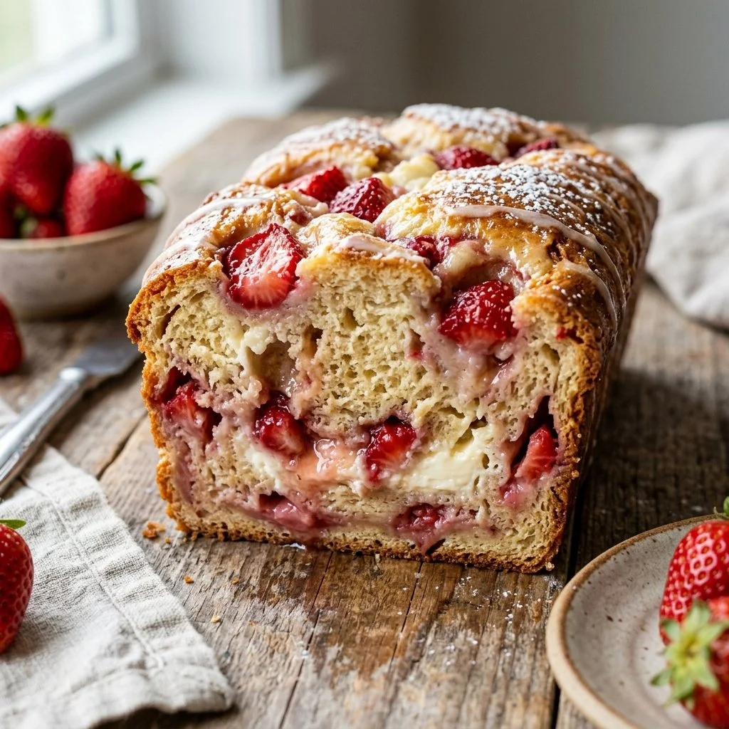 Homemade Strawberry Cream Cheese Bread sliced and ready to serve