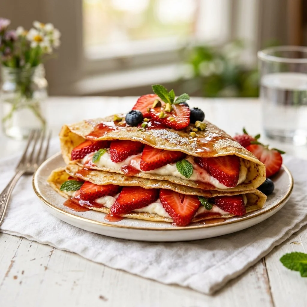 Delicious strawberry crepes topped with fresh strawberries and whipped cream