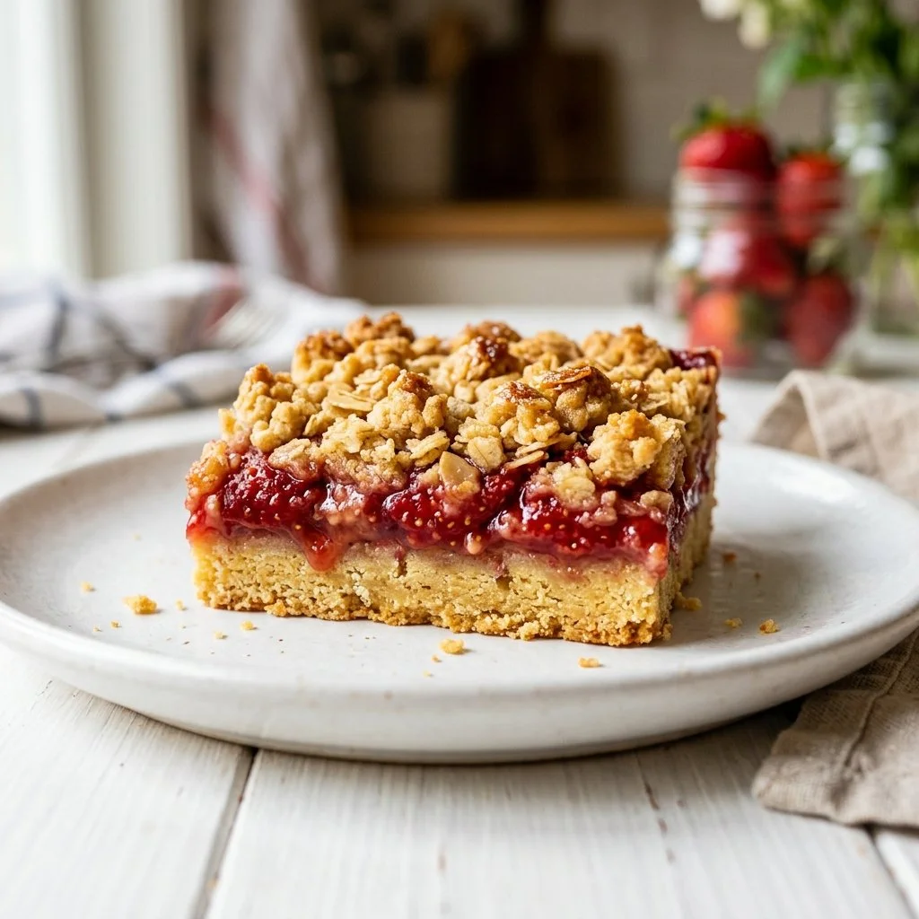 Delicious strawberry crumble bars on a wooden platter