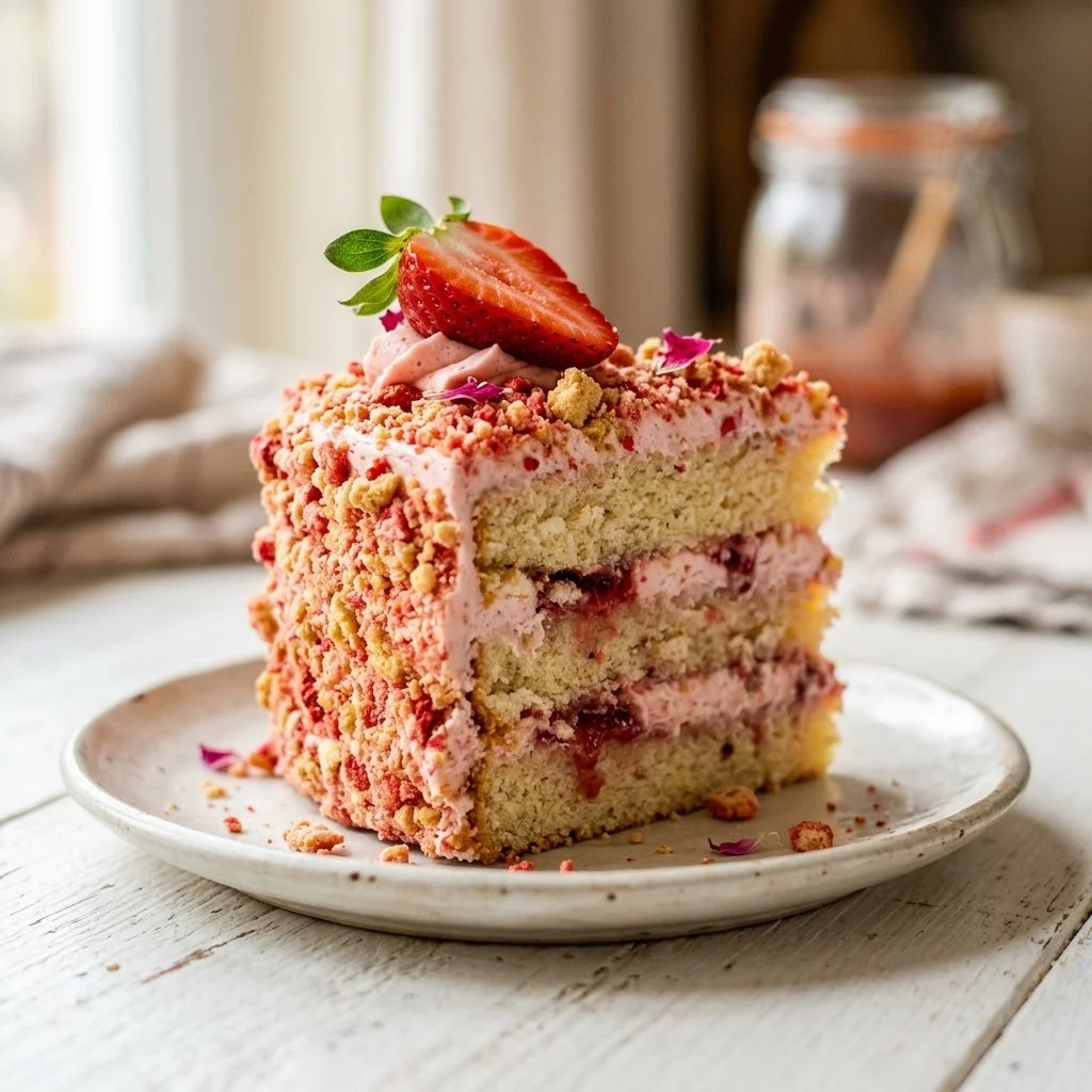 Delicious Strawberry Crunch Cake with fresh strawberries and crunchy topping.