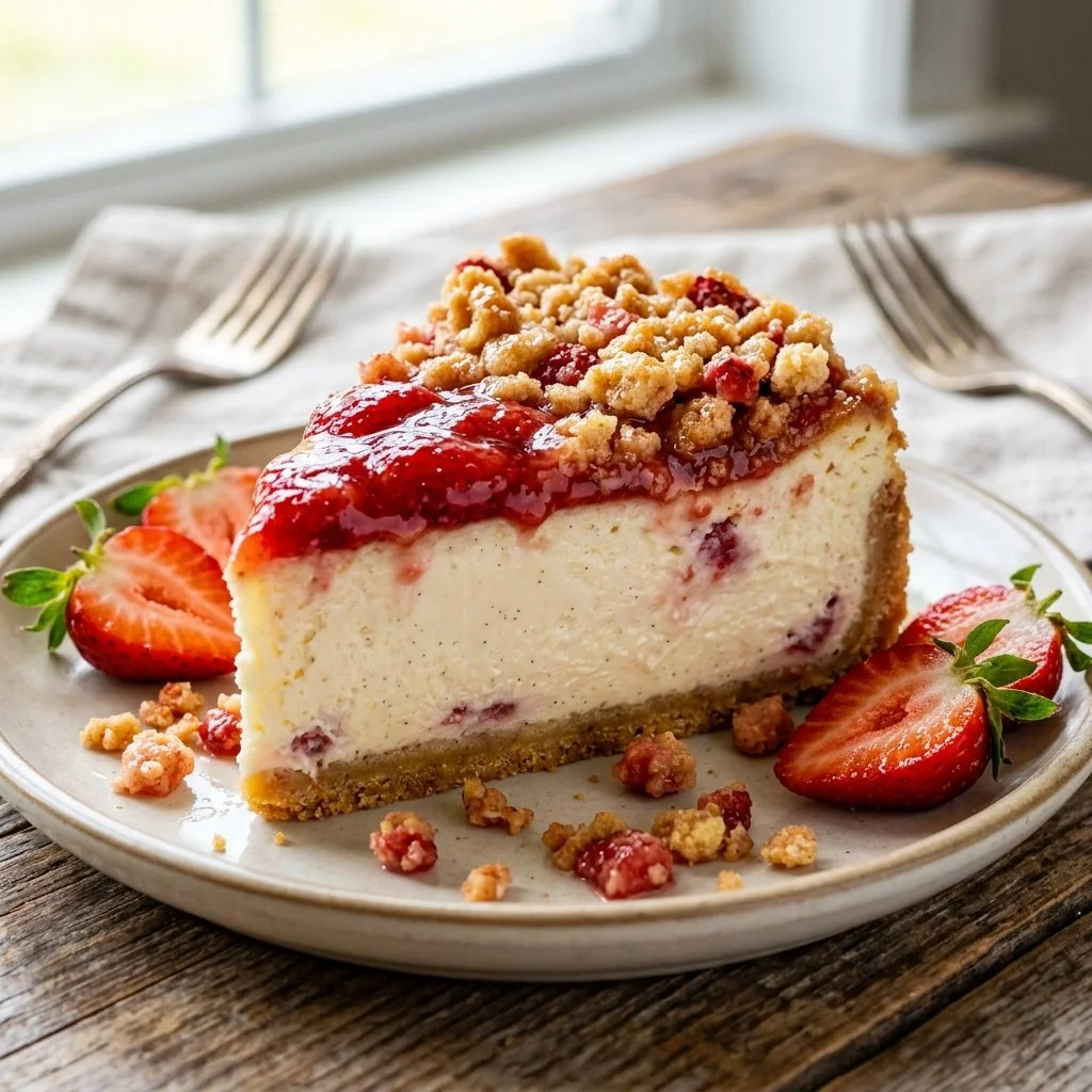 Delicious slice of Strawberry Crunch Cheesecake with strawberry topping