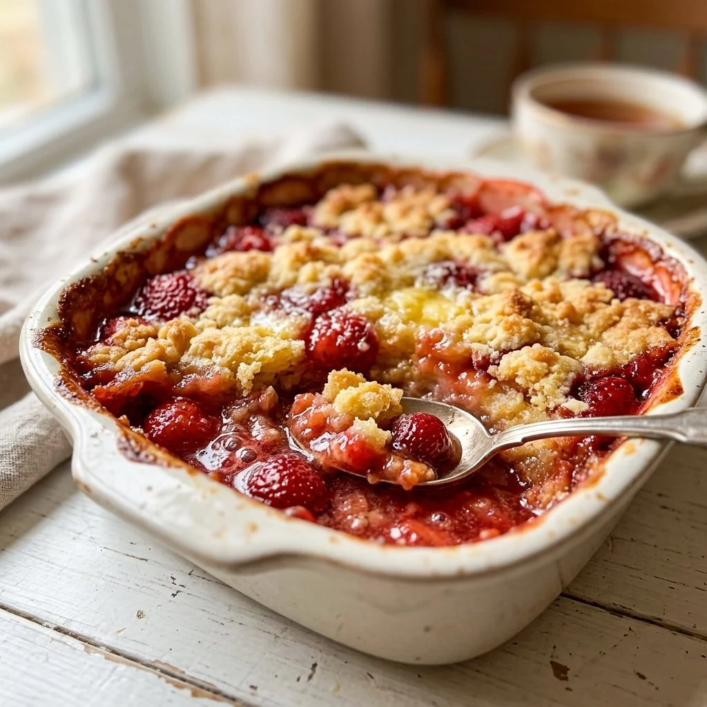 Strawberry Dump Cake fresh out of the oven served in a dish.