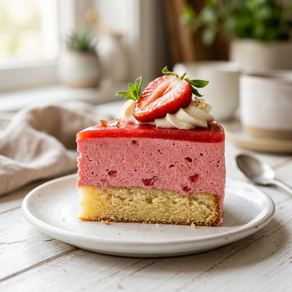 Delicious strawberry mousse cake topped with fresh strawberries and whipped cream.