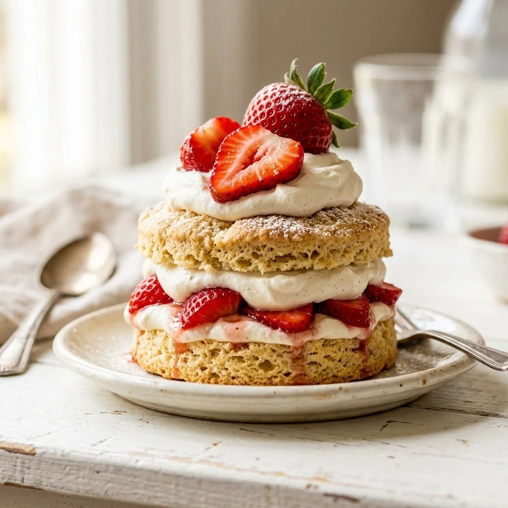Delicious homemade strawberry shortcake with fresh strawberries and whipped cream