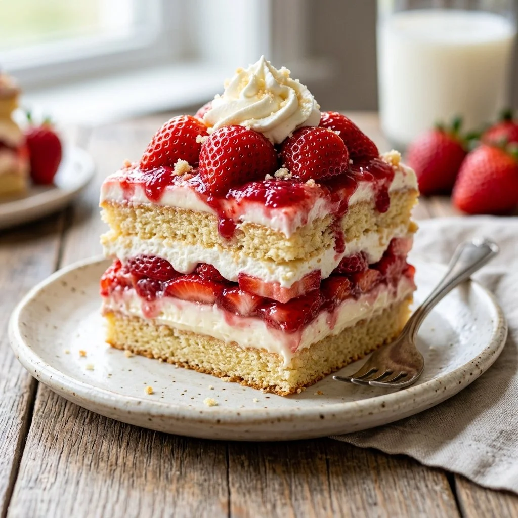 Strawberry Shortcake Lasagna with layers of strawberries and whipped cream