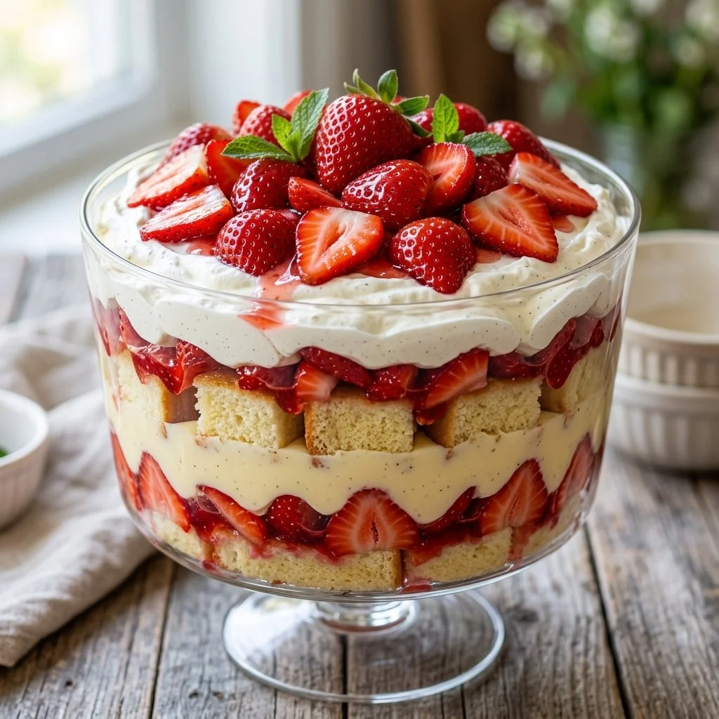 Delicious Strawberry Shortcake Trifle layered with strawberries and cream