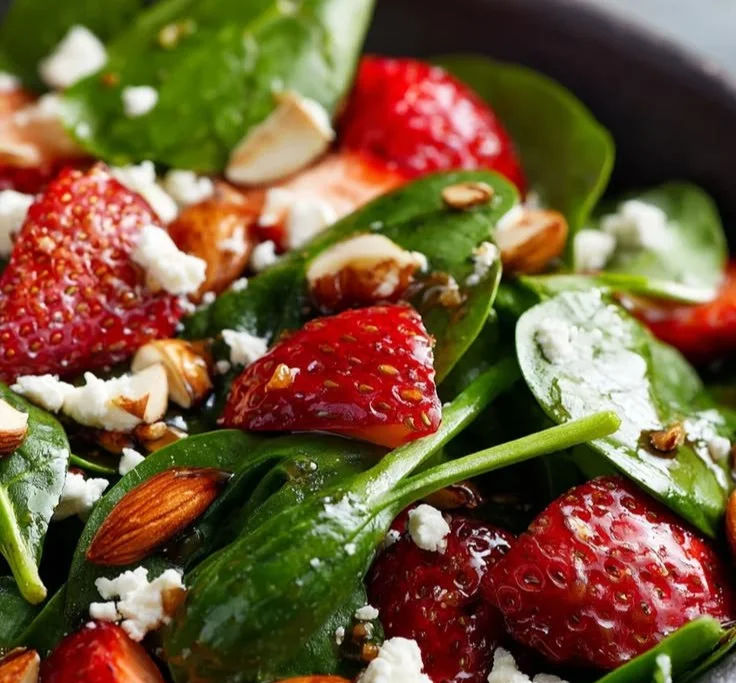Strawberry spinach salad topped with almonds and drizzled with balsamic dressing