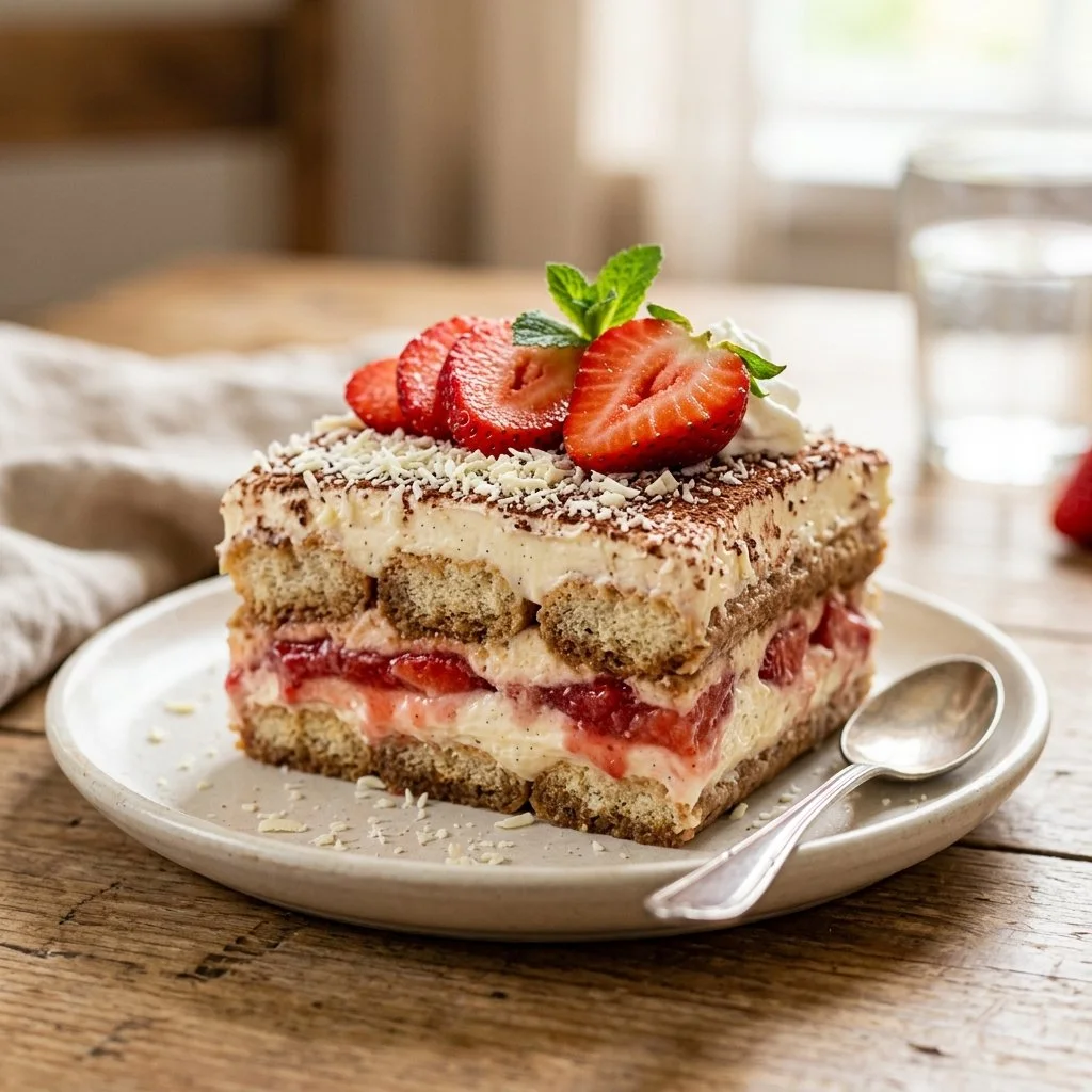 Delicious strawberry tiramisu dessert in a glass dish