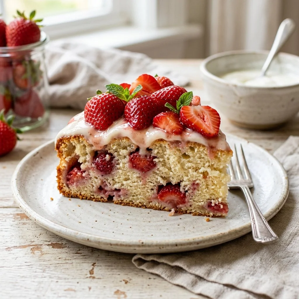 A delicious slice of strawberry yogurt cake topped with fresh strawberries.