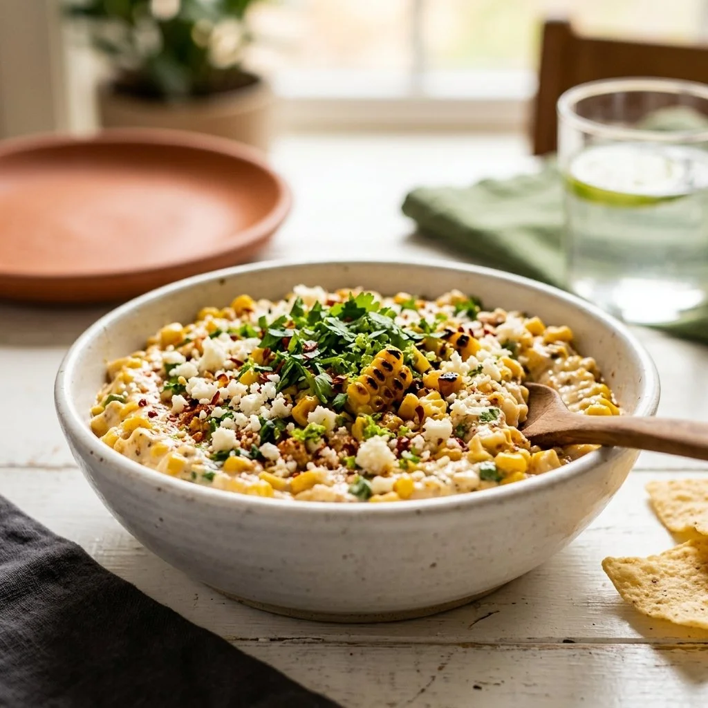 Delicious Street Corn Dip served in a bowl with toppings.