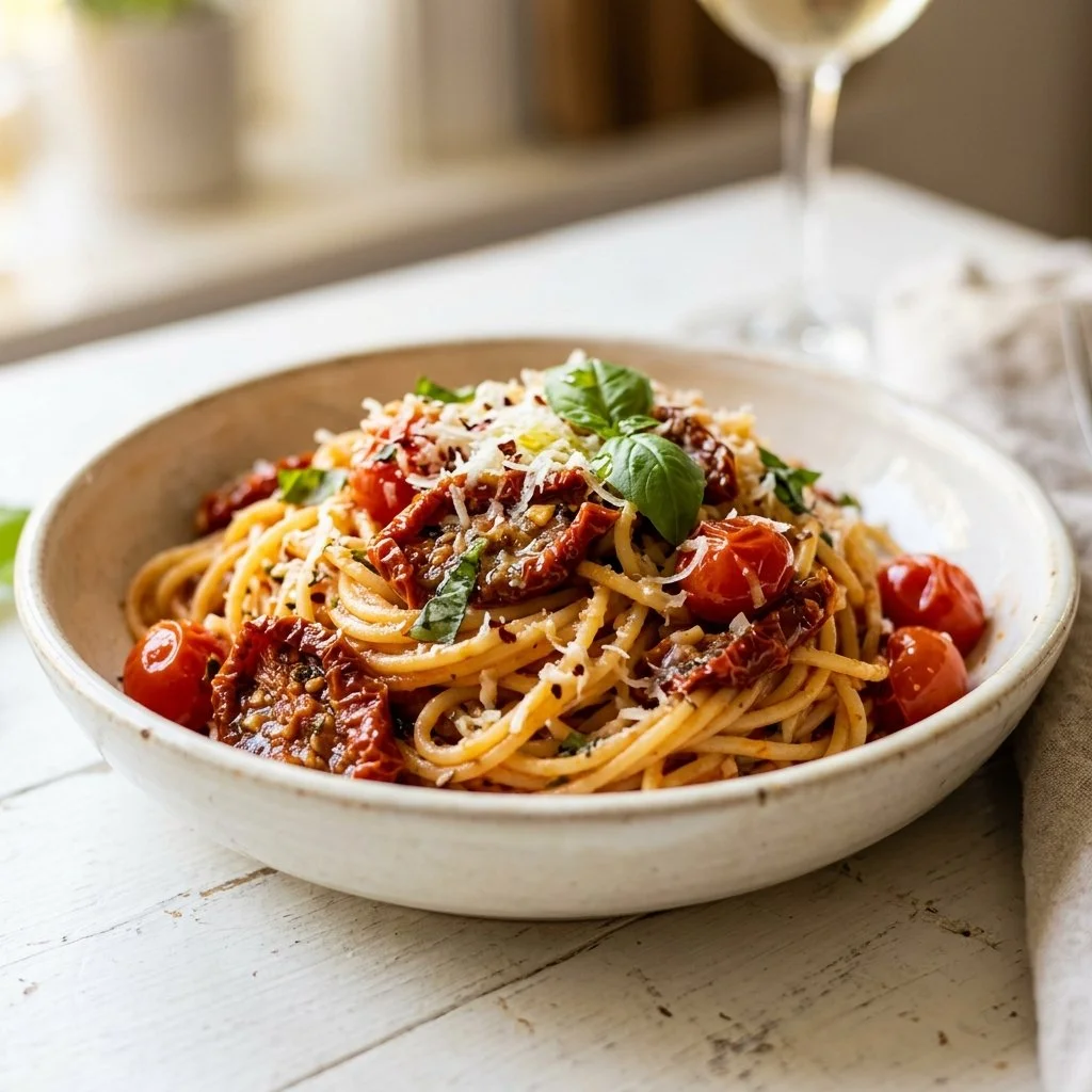 Delicious bowl of sun dried tomato pasta with fresh herbs and cheese