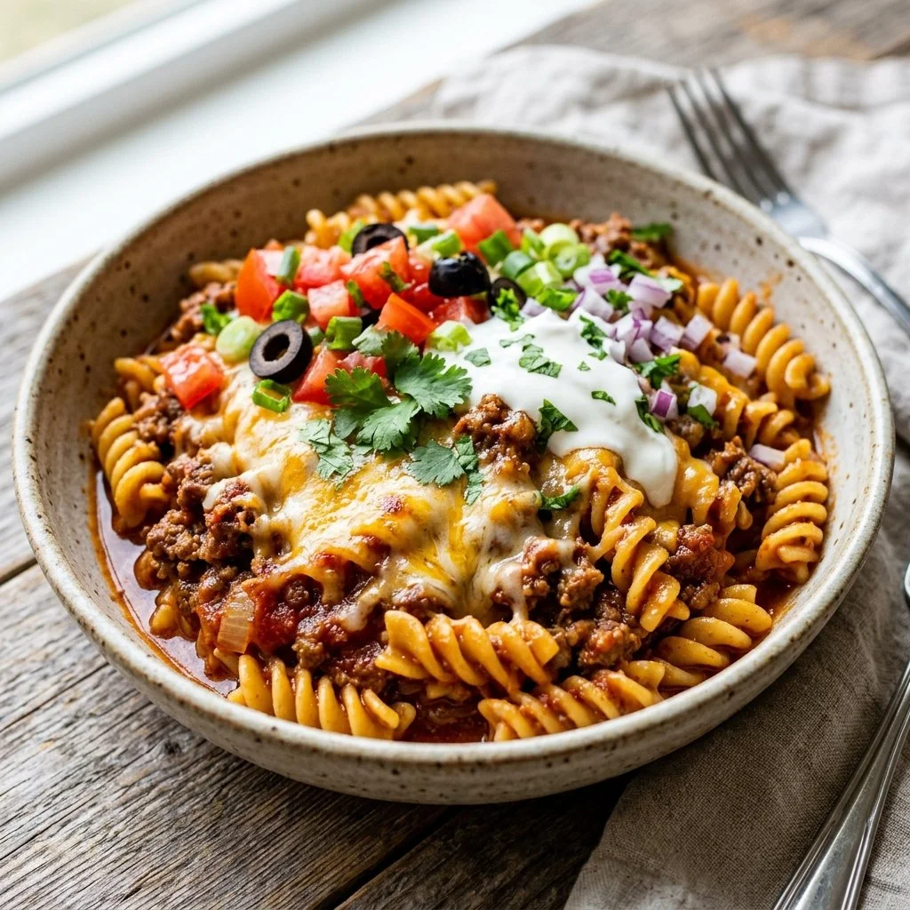 Bowl of delicious Taco Pasta topped with cheese, tomatoes, and herbs