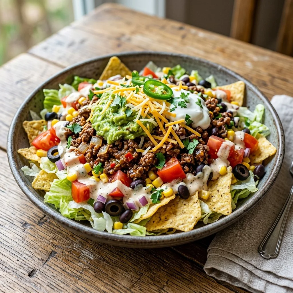 Colorful Taco Salad with lettuce, tomatoes, cheese, and tortilla chips in a bowl