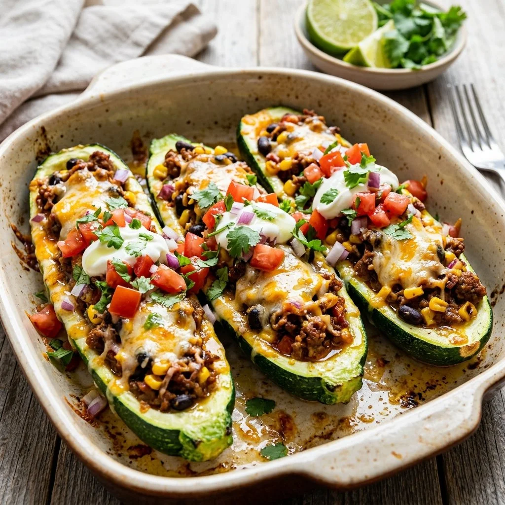 Delicious taco stuffed zucchini boats filled with seasoned meat and toppings