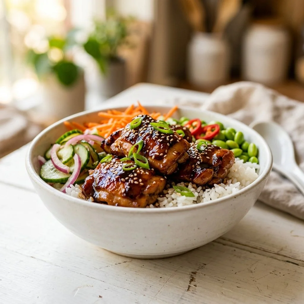 Delicious teriyaki chicken bowl garnished with vegetables and sesame seeds