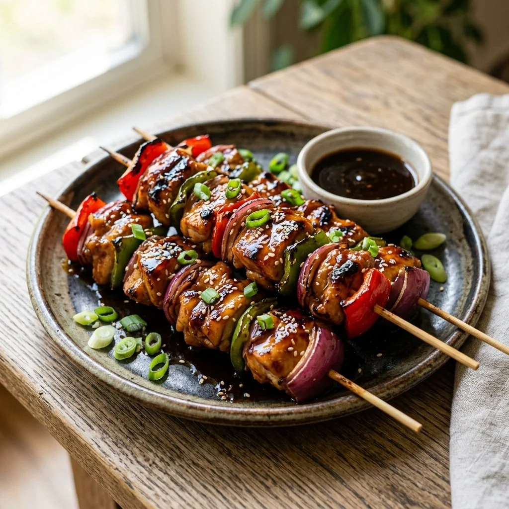 Grilled Teriyaki Chicken Skewers garnished with sesame seeds and green onions
