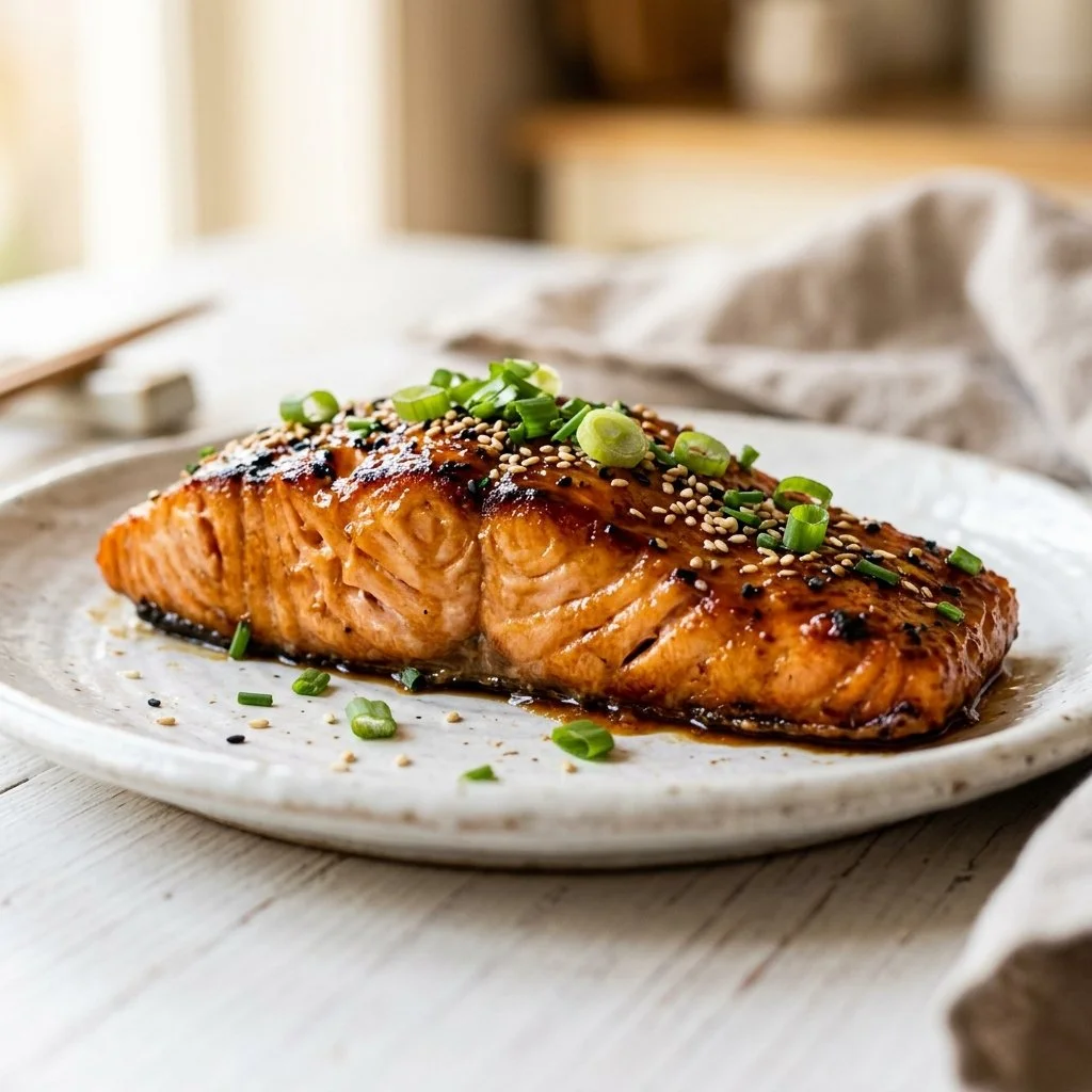 Delicious teriyaki salmon served with vegetables on a plate.