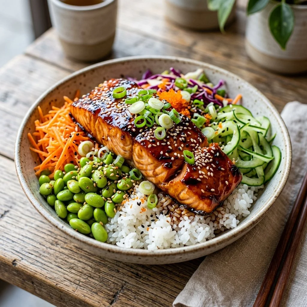 Delicious teriyaki salmon rice bowl with vegetables and garnish