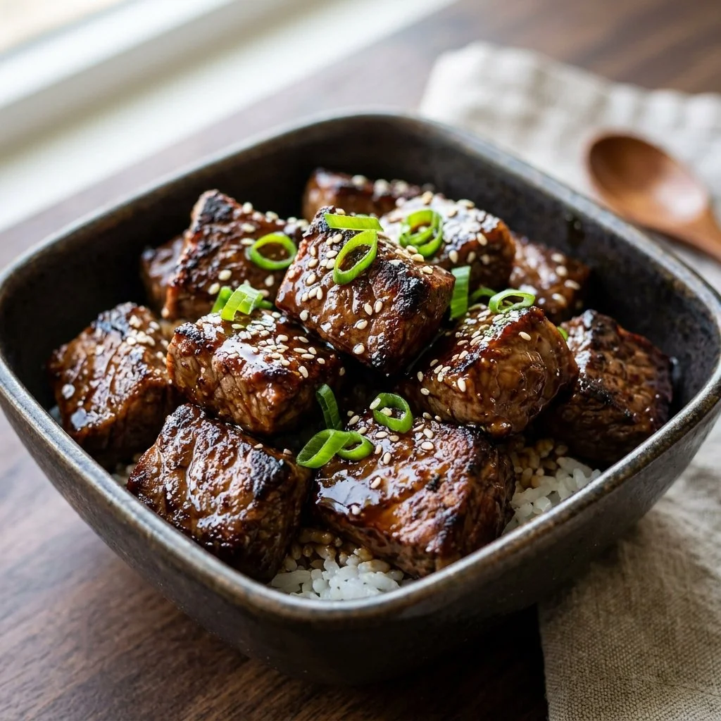 Delicious teriyaki steak bites on a plate, garnished and ready to serve.