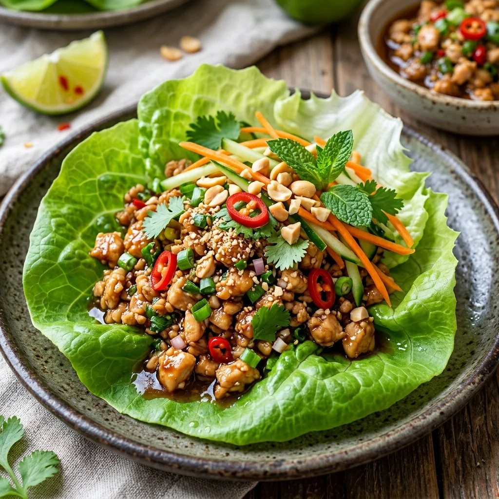 Delicious Thai Chicken Lettuce Wraps served on a plate with fresh vegetables.