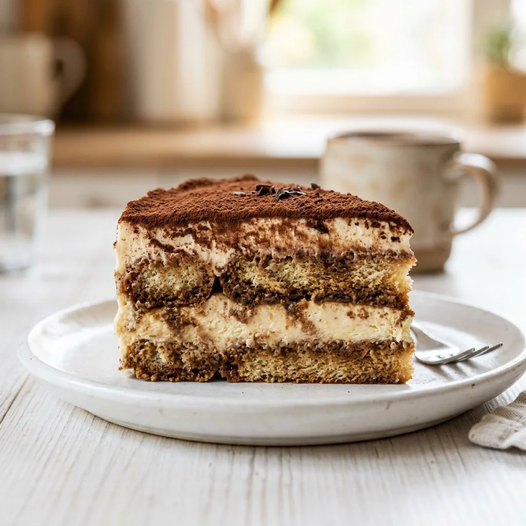 Delicious homemade Tiramisu Cake topped with cocoa and coffee layers.