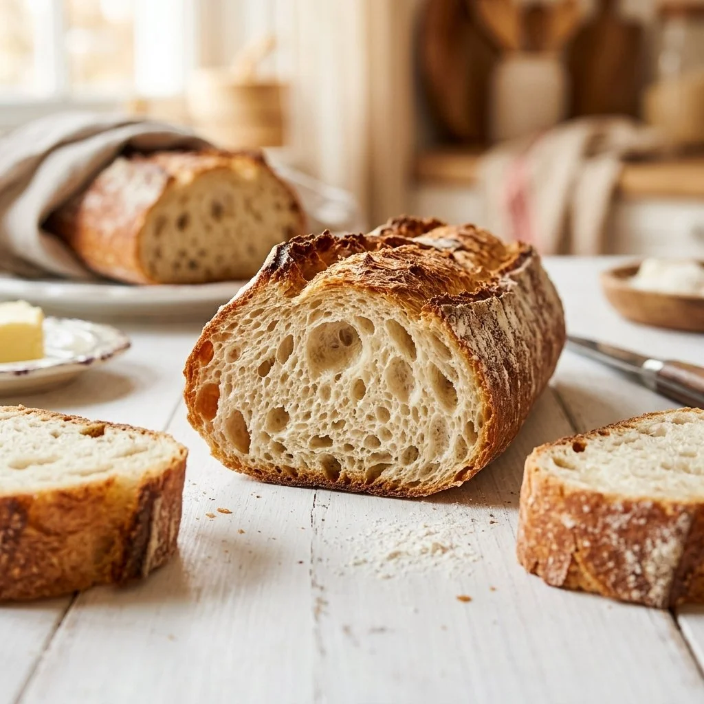 Freshly baked traditional French baguette on a wooden cutting board