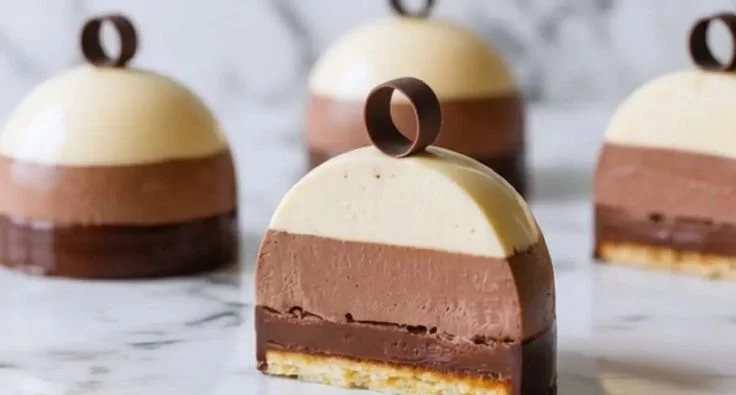Triple Chocolate Mousse Domes dessert showcasing silky chocolate layers.