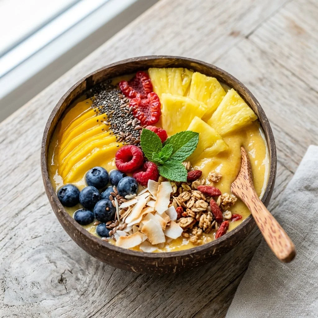 Delicious tropical smoothie bowl topped with fresh fruit and granola