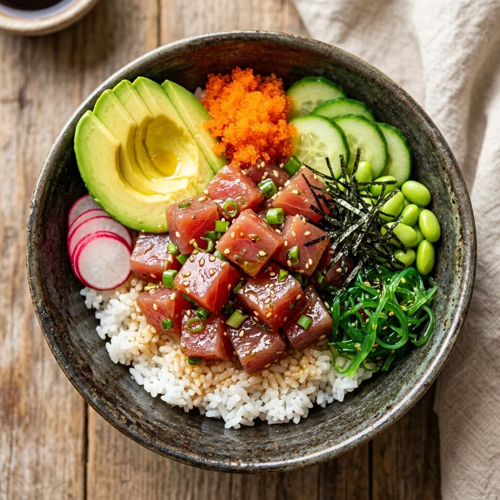 A vibrant Tuna Poke Bowl featuring fresh tuna, avocado, and toppings.