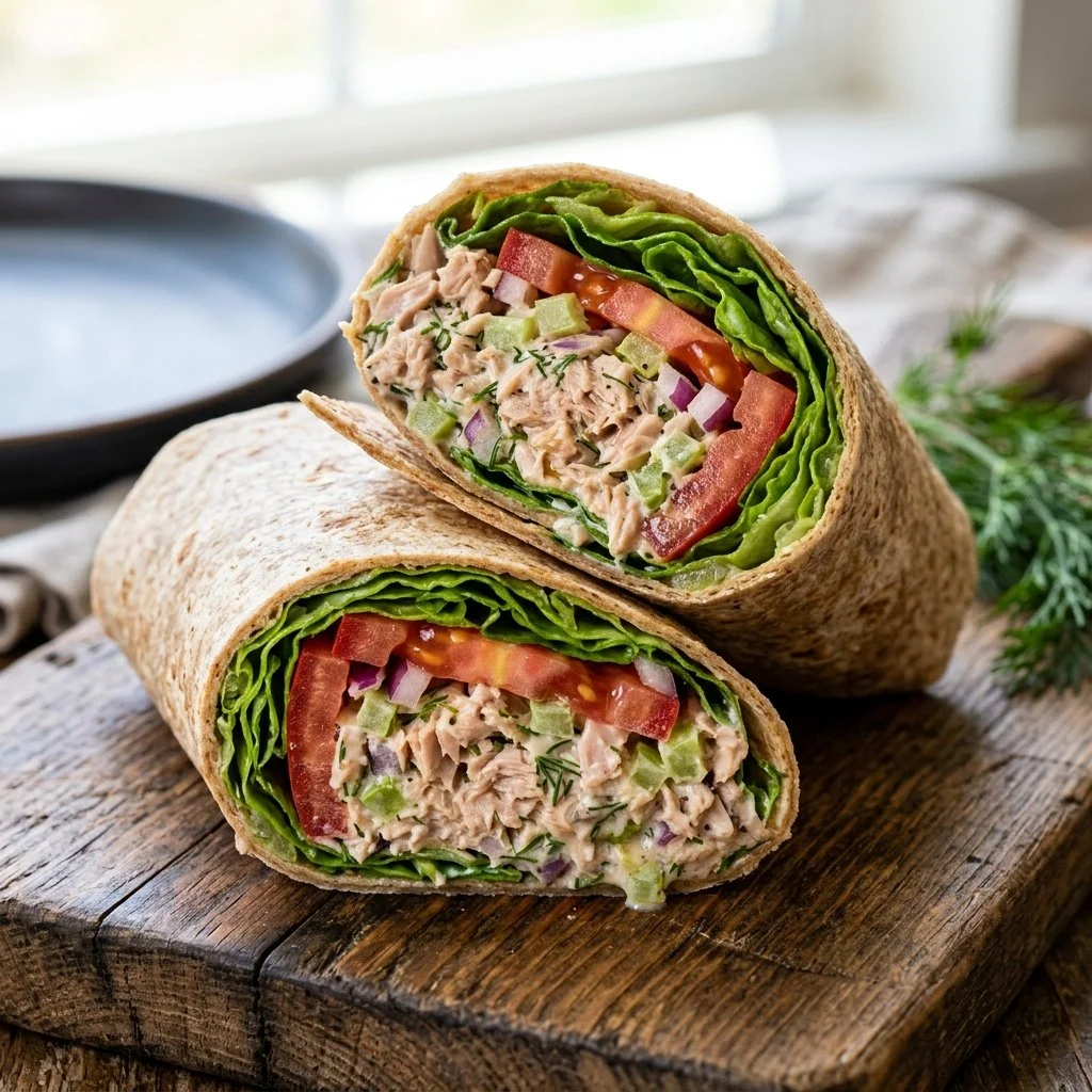 Healthy tuna salad wraps with fresh ingredients and a savory dressing