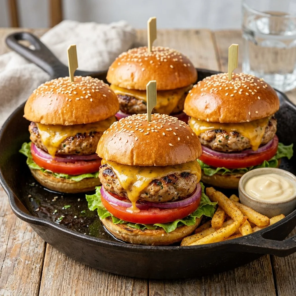 Delicious turkey burger sliders served on a platter with fresh toppings.