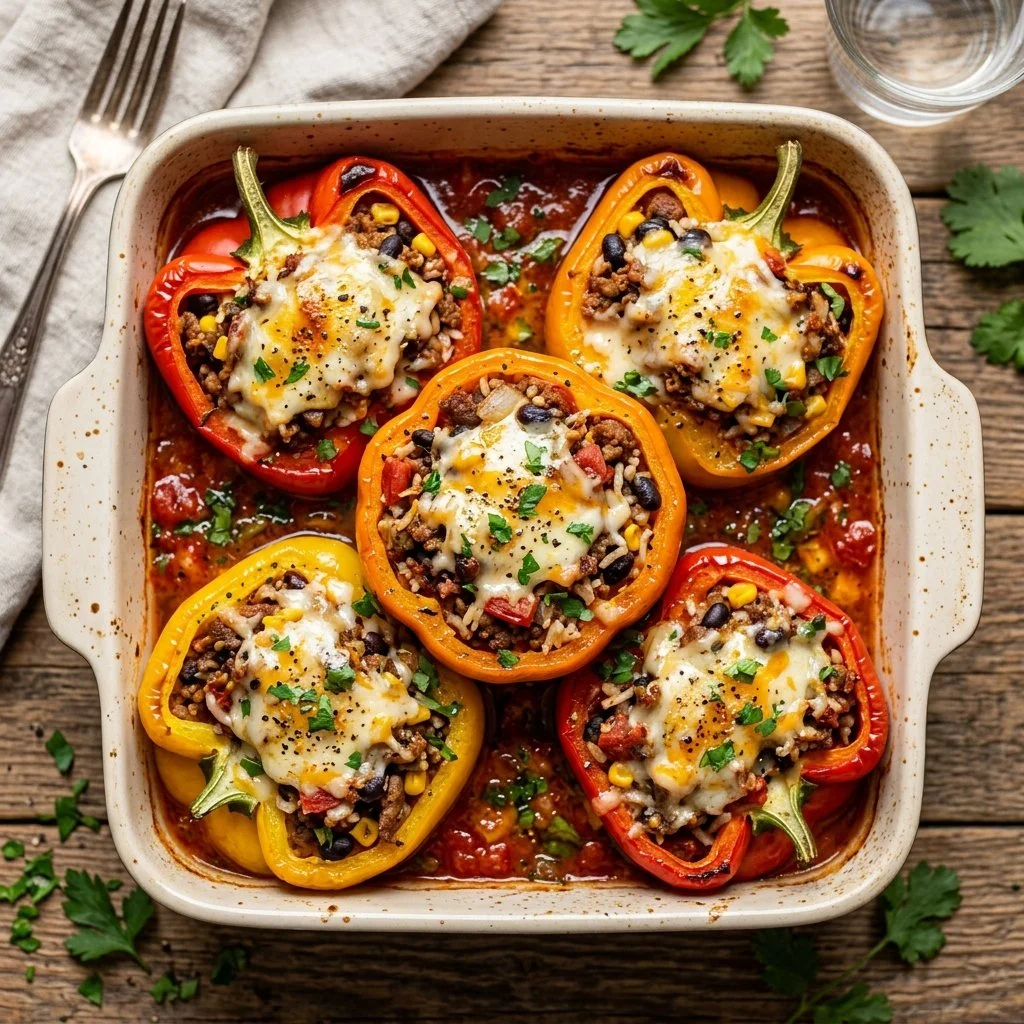 Healthy Turkey Stuffed Peppers filled with seasoned turkey and vegetables