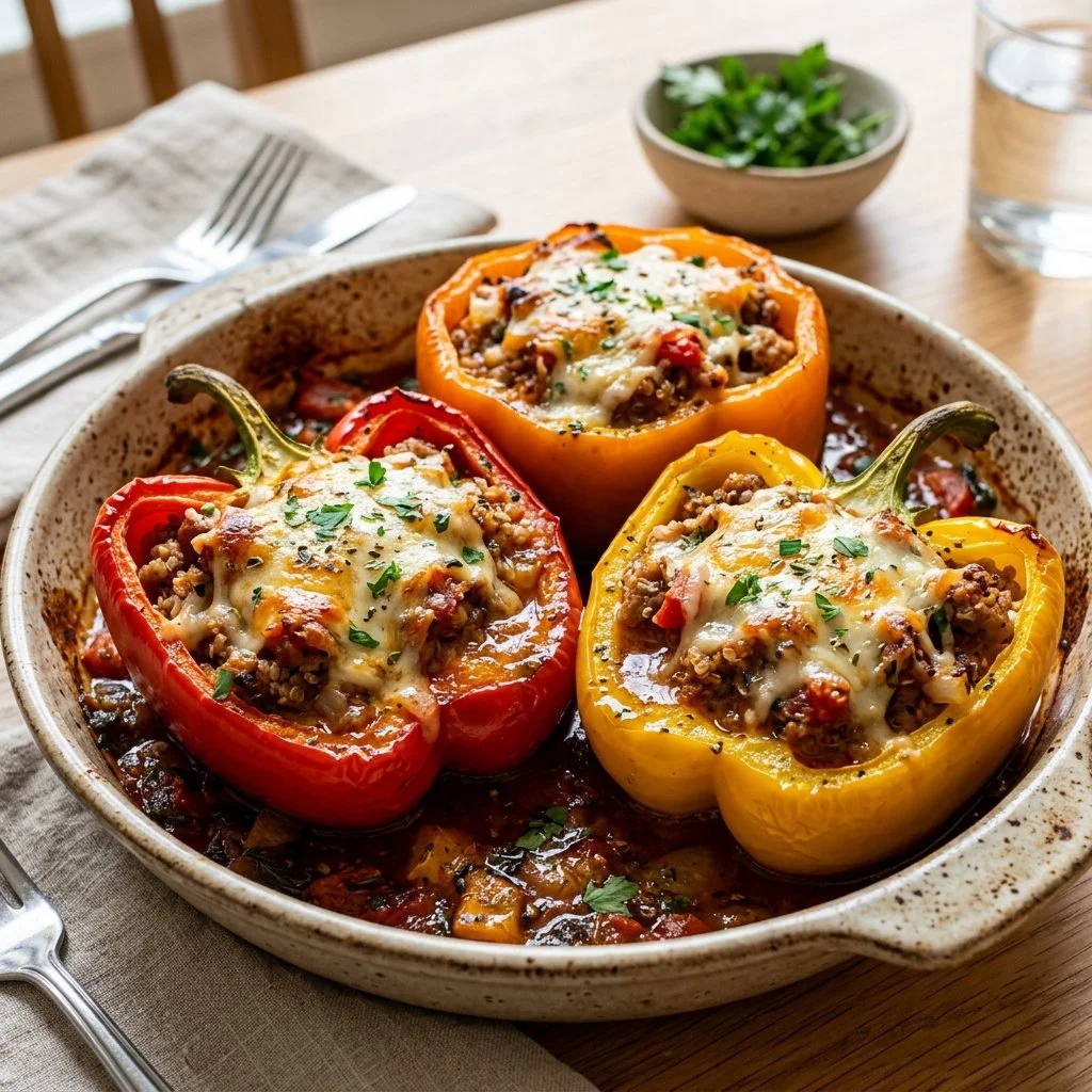 Turkey stuffed peppers filled with savory ingredients and fresh herbs