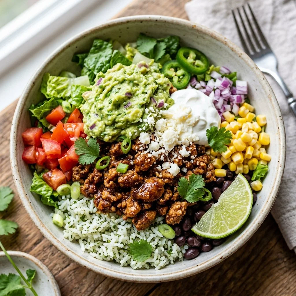 A colorful bowl of Turkey Taco Bowls garnished with fresh vegetables and toppings.