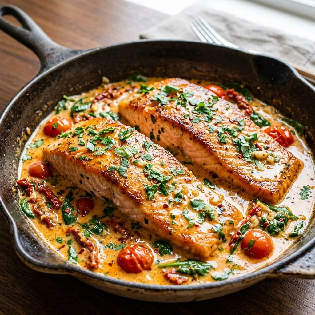 Delicious Tuscan Butter Salmon served on a plate with herbs