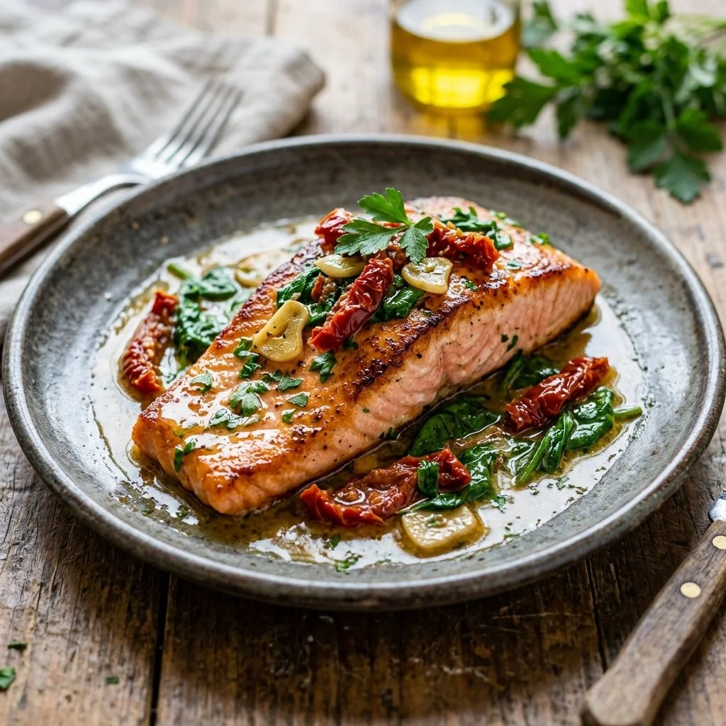 Delicious Tuscan Butter Salmon cooked with creamy sauce and herbs
