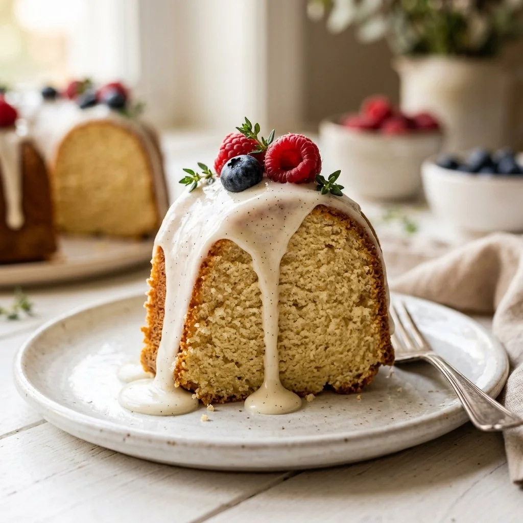 Deliciously moist Vanilla Bundt Cake displayed on a rustic wooden table.