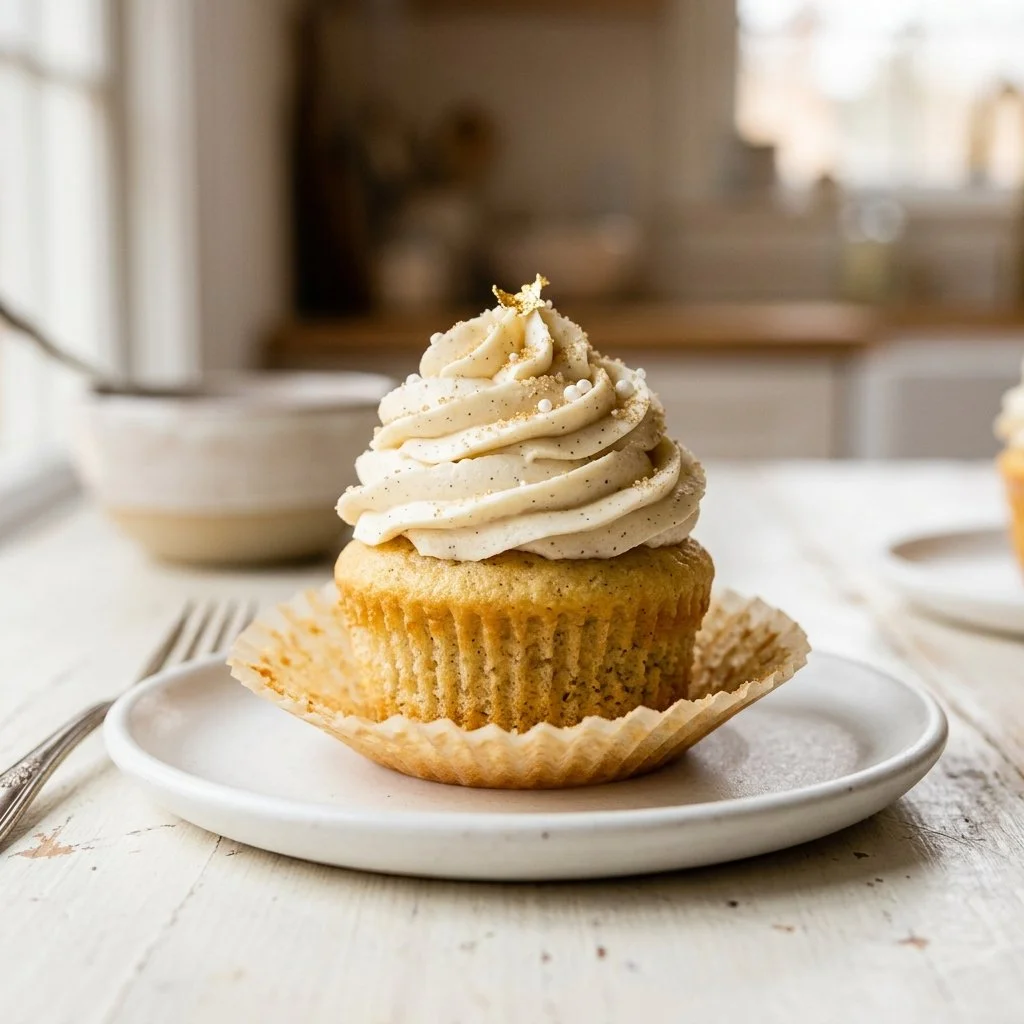Freshly baked vanilla cupcakes with creamy frosting topped with sprinkles