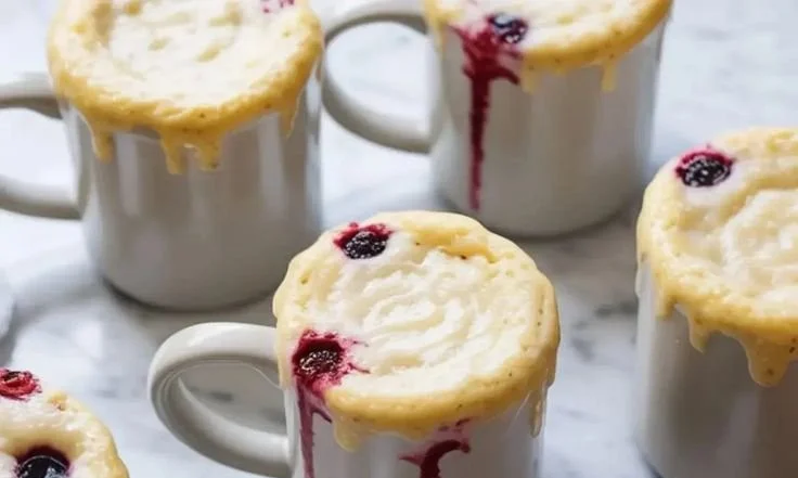 Delicious vanilla protein mug cake topped with sprinkles in a microwave-safe mug.