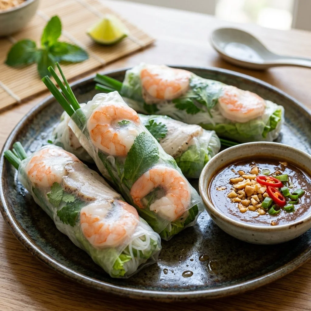 Vietnamese Spring Rolls filled with fresh vegetables and herbs