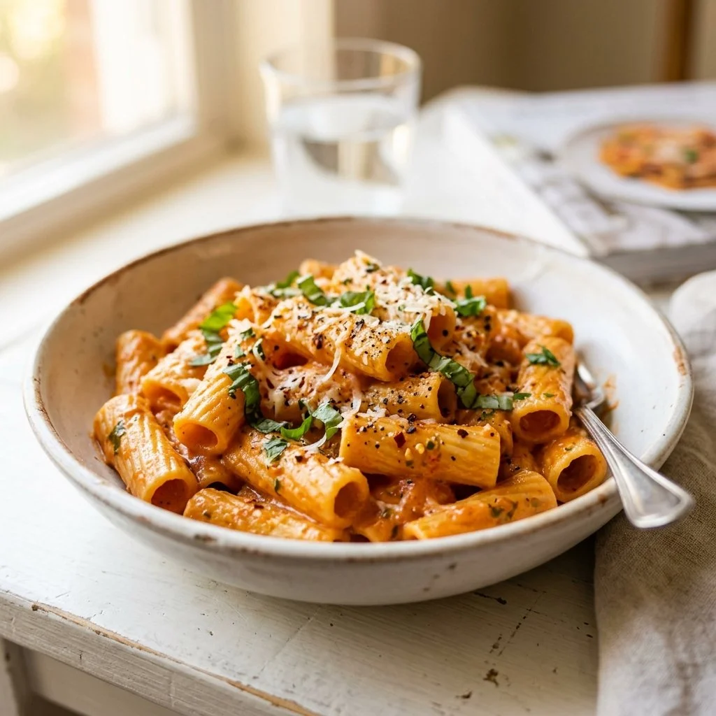 Creamy vodka sauce pasta topped with fresh herbs and parmesan cheese