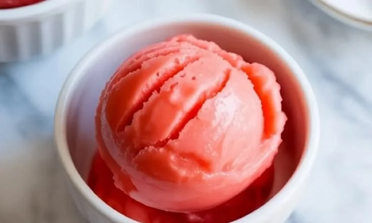 A vibrant bowl of refreshing watermelon sorbet topped with mint leaves.