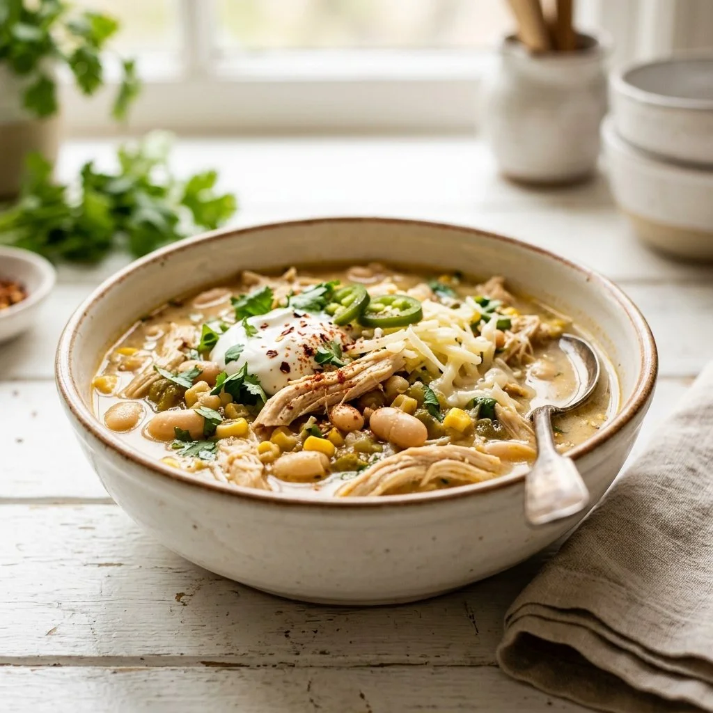 Bowl of creamy white chicken chili topped with fresh cilantro and lime wedges